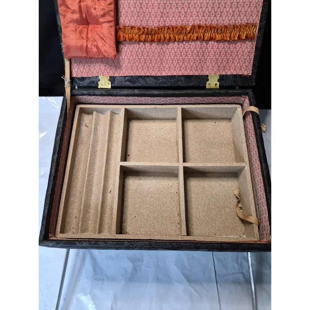 Black Flower Print Sewing Box Storage With Removable Top Tray & Pin Cushion